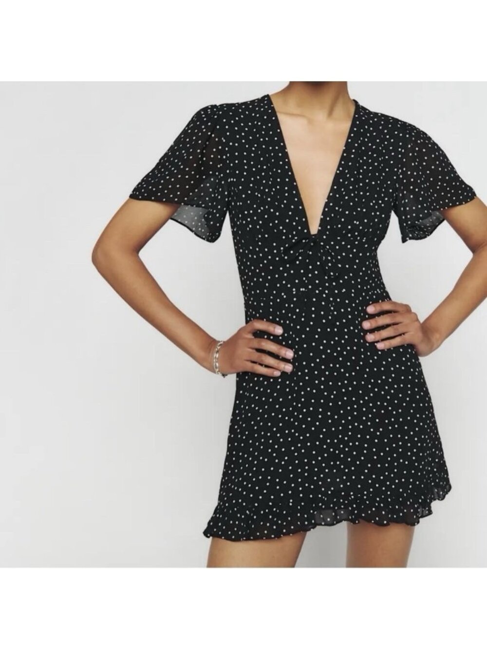 Reformation Mya Black White Polka Dot Mini Dress V-Neck - Picture 1 of 9